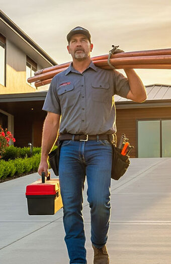 Plumber Carrying Pipes Toolbox